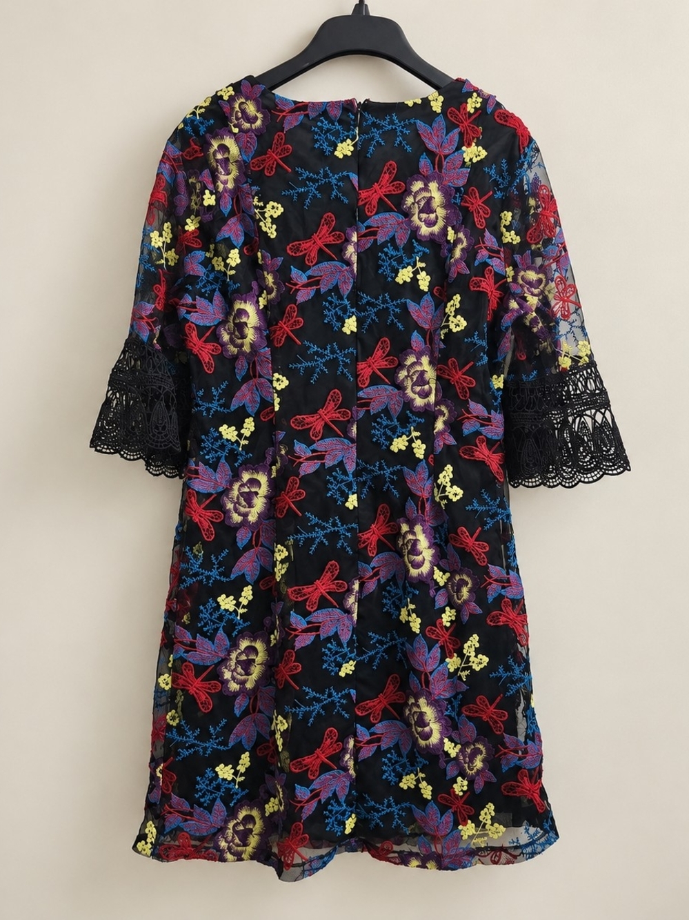 Alexia Admor Embroidered Dragonfly Dress Black Mesh Lace Sleeve Size L (12-14)